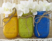 3 Pint Mason Jars, Decorative Mason Jars, Citron, Yellow & Blue Mason Jars, Rustic Home Decor, Summer Party Decor, Citron, Yellow and Blue