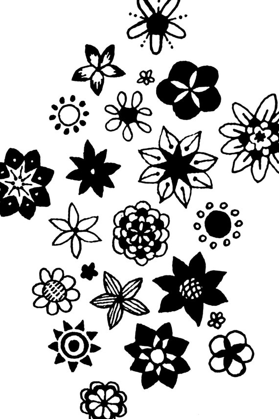 Items similar to Original art, hand drawn black and white flowers with ...