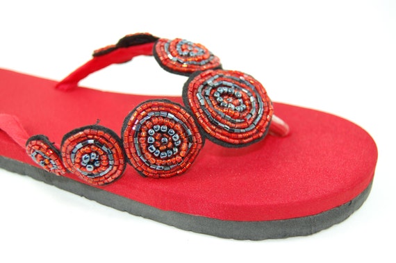 Red silk beaded flip flops SIZE 9 only remaining by aprilsunrises