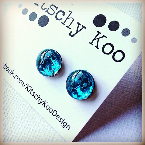 FREE SHIPPING - Glitter Earrings - Glass Stud - Surgical Steel - Blue Glitter - Handmade - Sparkle Gold Green Silver Red Blue
