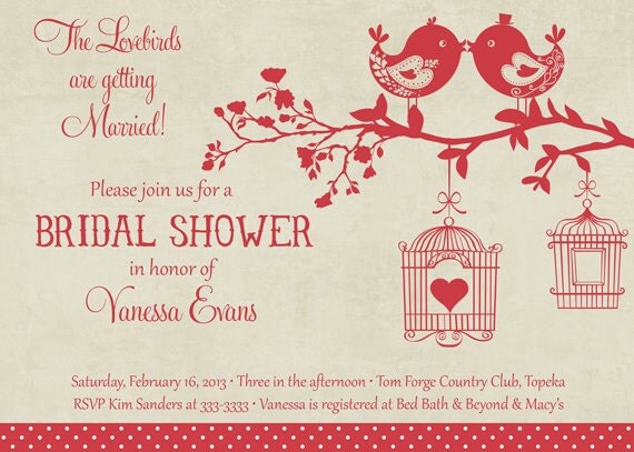 Vintage Red and Tan Love Birds Bridal Shower Invitation - Printable Il_570xn