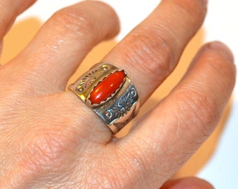 South West sterling silver and coral ring hand stamped size 8