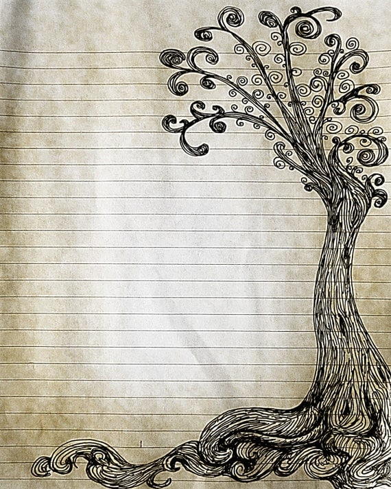 Printable Pen and Ink Tree Drawing Lined Journal Page Digital