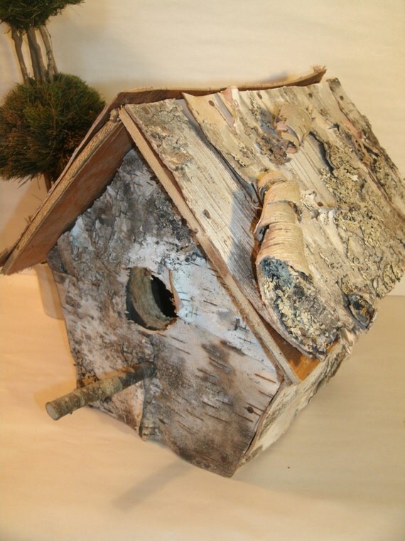 Hand Made Birch Bark Bird House Rustic Wood Birdhouse Made In