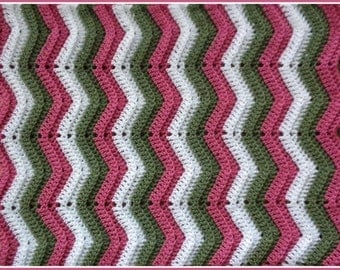 Handmade Crochet Rose, Moss Green and White Baby Blanket