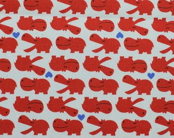 Japanese Kokka Trefle Hippo Fabric - Red on White - Kids Quilting Fabric - Lightweight Cotton Canvas - Kawaii Japanese Fabric - HALF YD