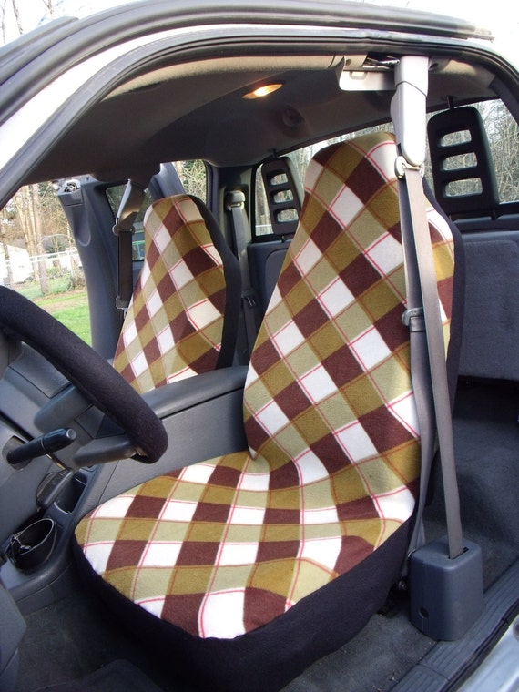 1 Set of Brown/Green Plaid Print Custom Made Car Seat Covers