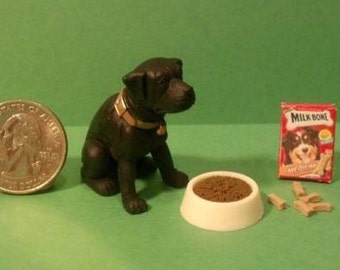 Dollhouse Miniature Black Lab Dog Set 1:12 One Inch Scale