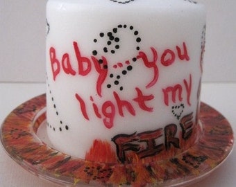 Hand Painted Valentine Candle and Matching Glass Holder