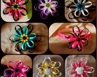 hairclip- Looped Ribbon Daisy Flower Custom made (alligator clasp) blue, red, pink, purple, green, orange, yellow, cream