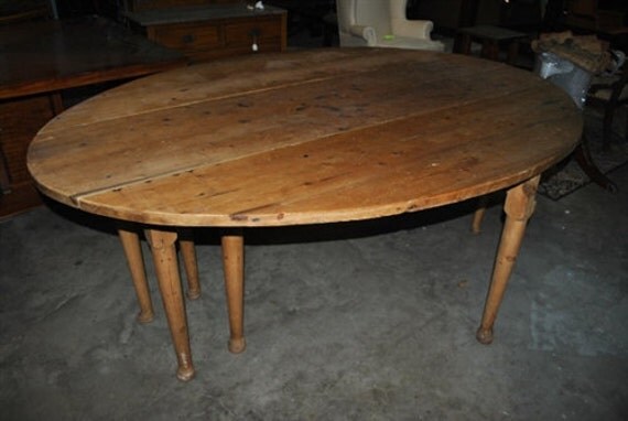 Large Antique Oval Drop Leaf Pine Dining Table By