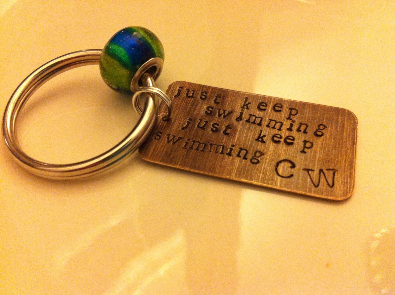 Just Keep Swimming Keychain hand stamped personalized