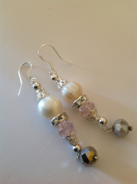 Fresh water pearl mix with pink crystals - Earrings - Wedding Earrings