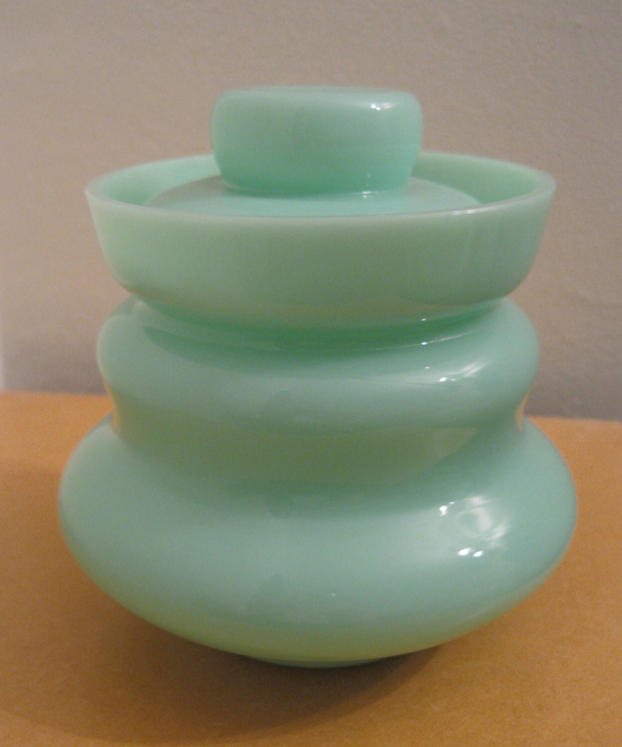 very pretty vintage green milk glass lidded preserve jam pot