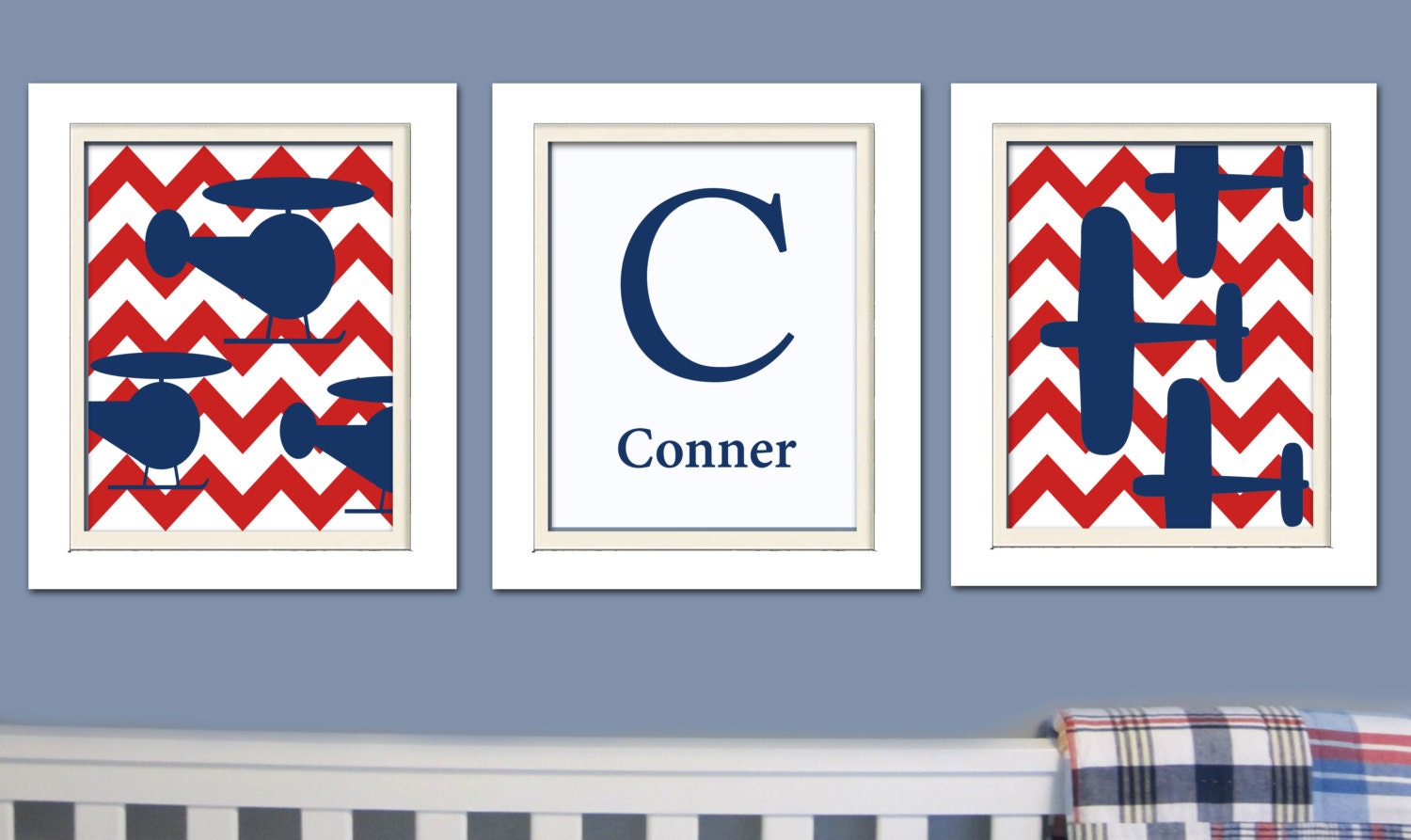 Nursery Art Blue and Red Nursery Madras Nursery Set by ChicWallArt