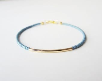 Gold bar bracelet - friendship bracelet - Blue