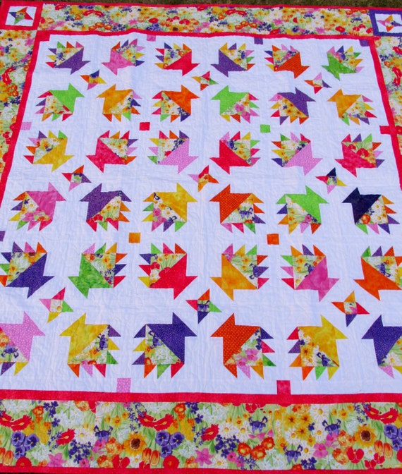 Bright Colored Basket Quilt with Flowers and by QuiltsWithKare