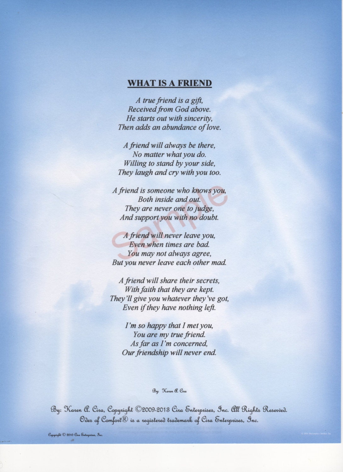 Six Stanza What Is A Friend Poem shown on