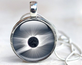 Solar Eclipse Art Glass Pendant Necklace Glass Dome, Space Picture Pendant with with Silver Chain Picture Necklace Photo Pendant (NSE1)