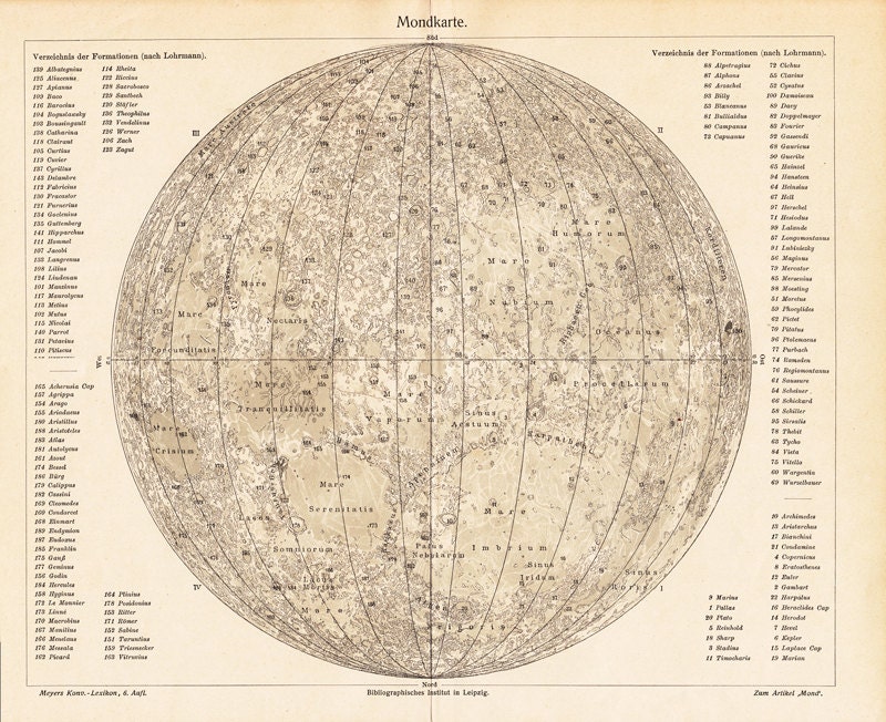 Vintage Moon Map Antique Lunar Map Free Shipping