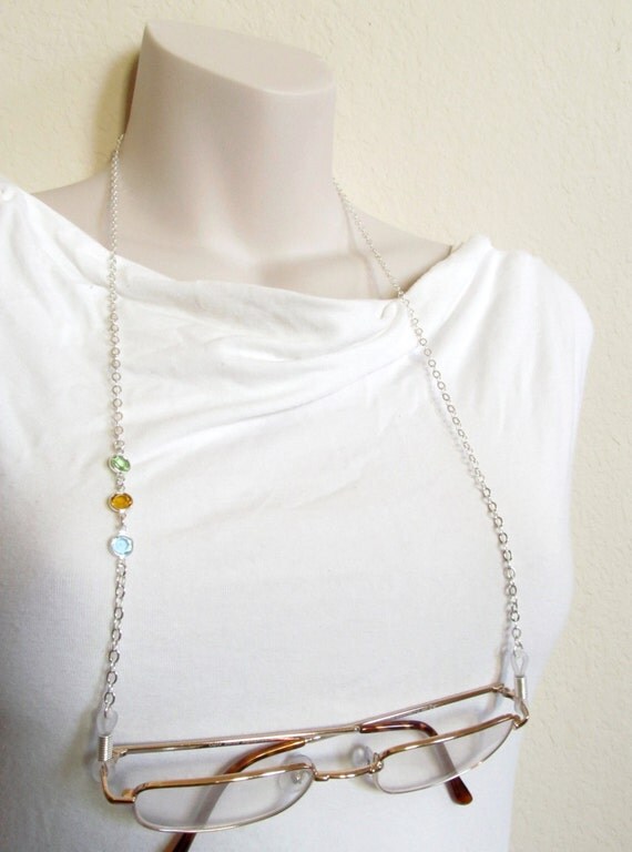 Silver Eyeglass Chain Holder Aquamarine Blue by HalfSnow on Etsy