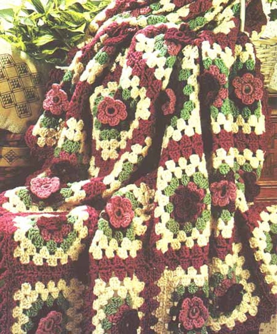 Granny Squares Rose Afghan Vintage Crochet by VintagePatternDesign