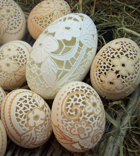 carved and etched chicken eggs by DECOEGG on Etsy