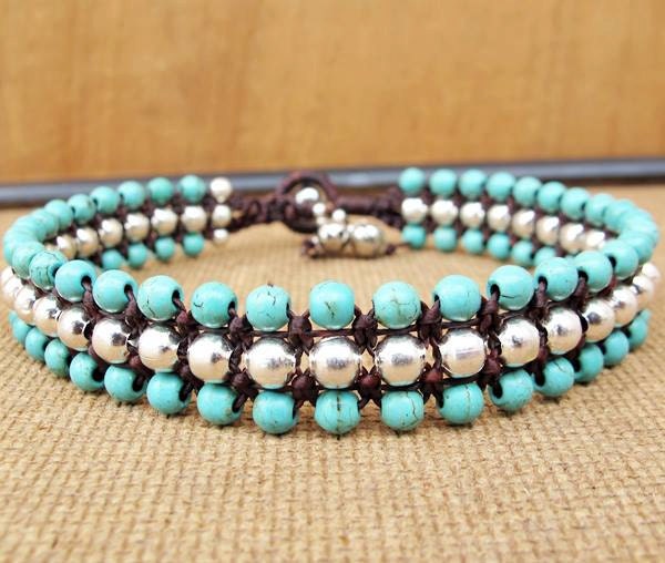 Turquoise Beaded Woven Ankle Bracelet with Silver Color Bead