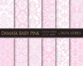 Damask Digital Paper: "DAMASK BABY PINK" digital paper with vintage elements in pink patterns for scrapbooking, invites