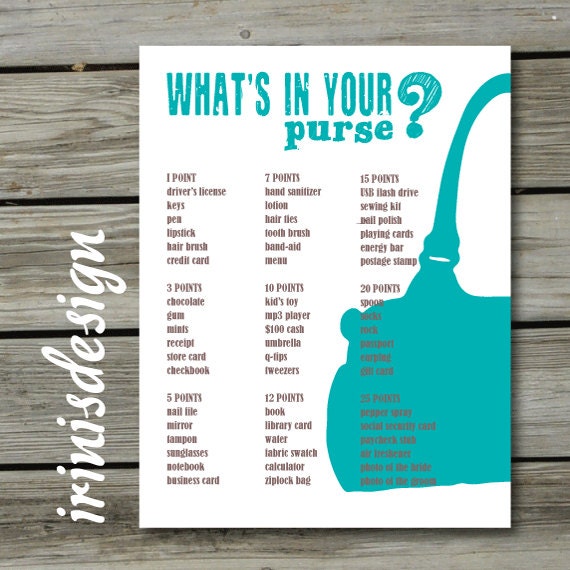 Items similar to Bridal Shower Game, What&#39;s in your Purse, Print at Home, Teal on Etsy