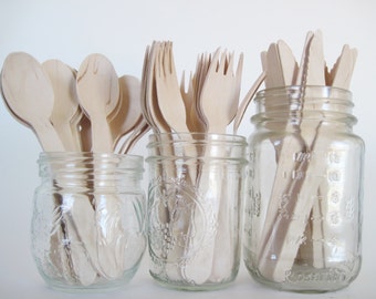Set of 75 Disposable Wooden Utensils-25 Wooden Knifes-25 Wooden Forks-25 Wooden Spoons-Wooden Utensils-Wooden Silverware-Wooden Tableware