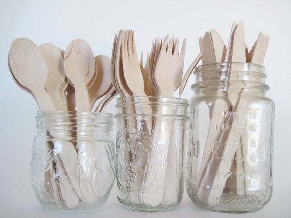 Set of 75 Disposable Wooden Utensils 25 Knifes, 25 Forks, 25 Spoons Il_570xn
