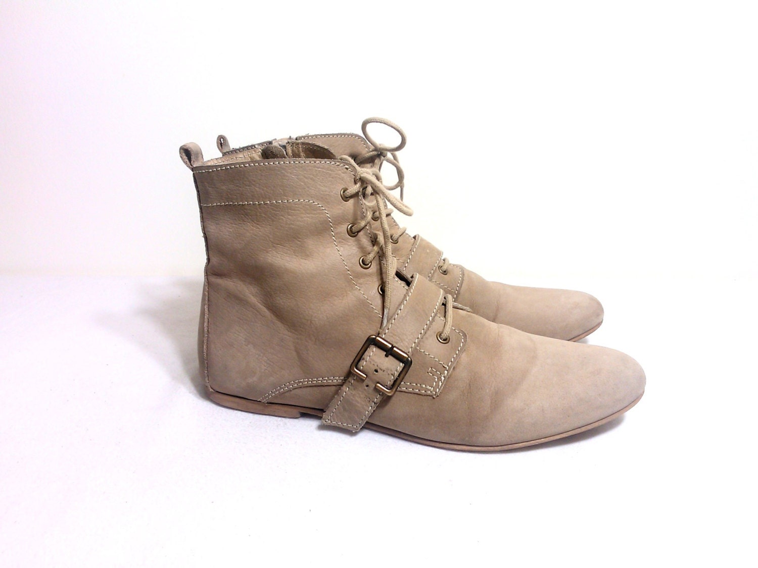 Sand Beige Leather Lace-Up Zip-Up Flat Ankle Boots with Strap