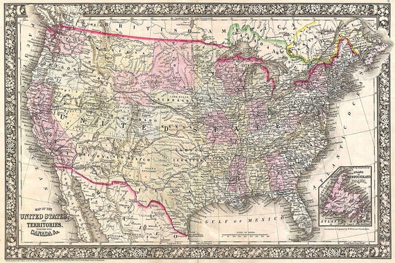 Items similar to Map of 1866 United States - Old Vintage US Map Print ...