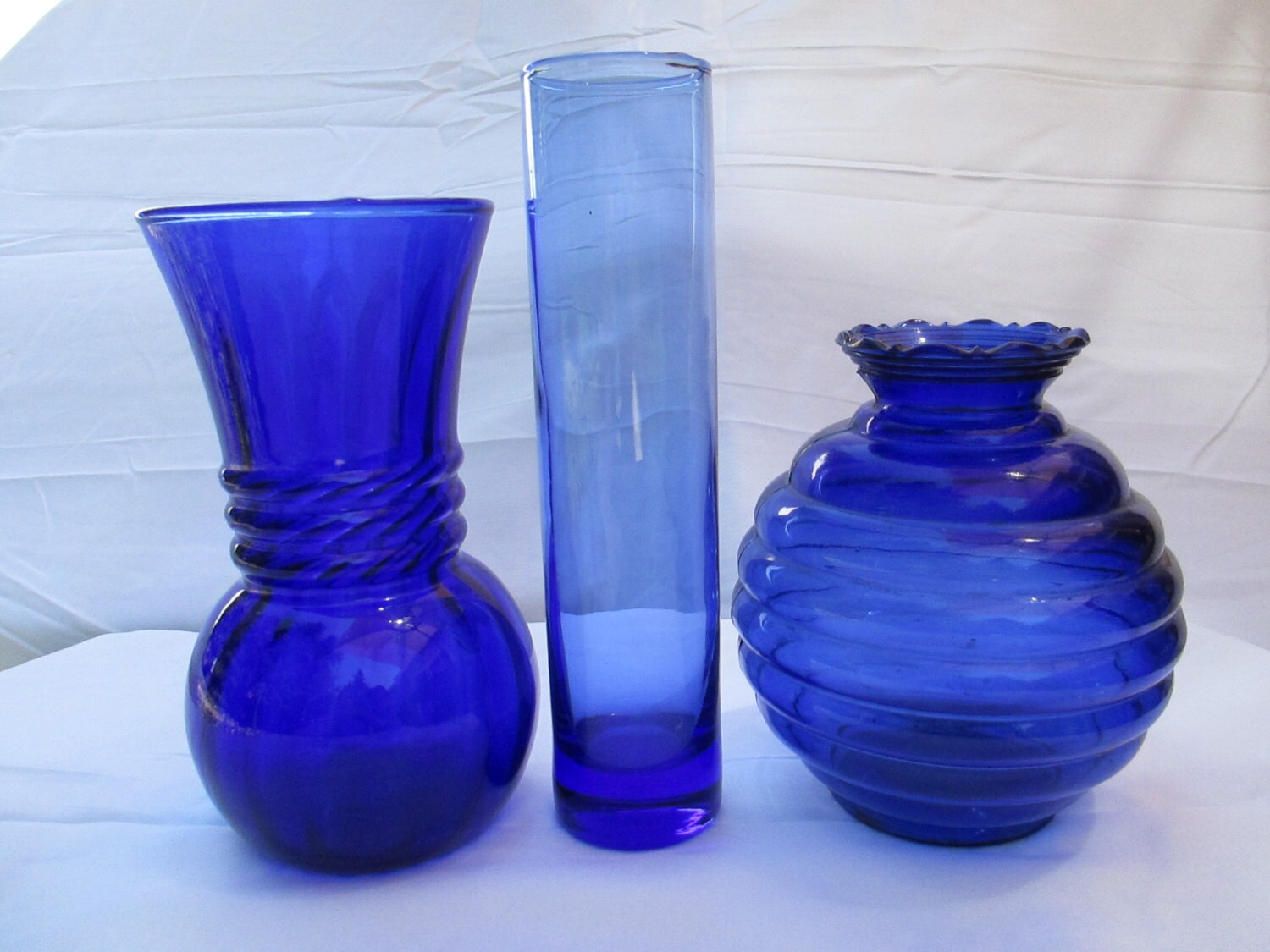 Vintage Cobalt Blue Glass Vases Set of 3