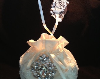 Bridal Purse, Wedding Money Bag, Ivory or White Lace Purse, Bridal Money Bag, Swarovski clear rhinestone bridal flower embellishment