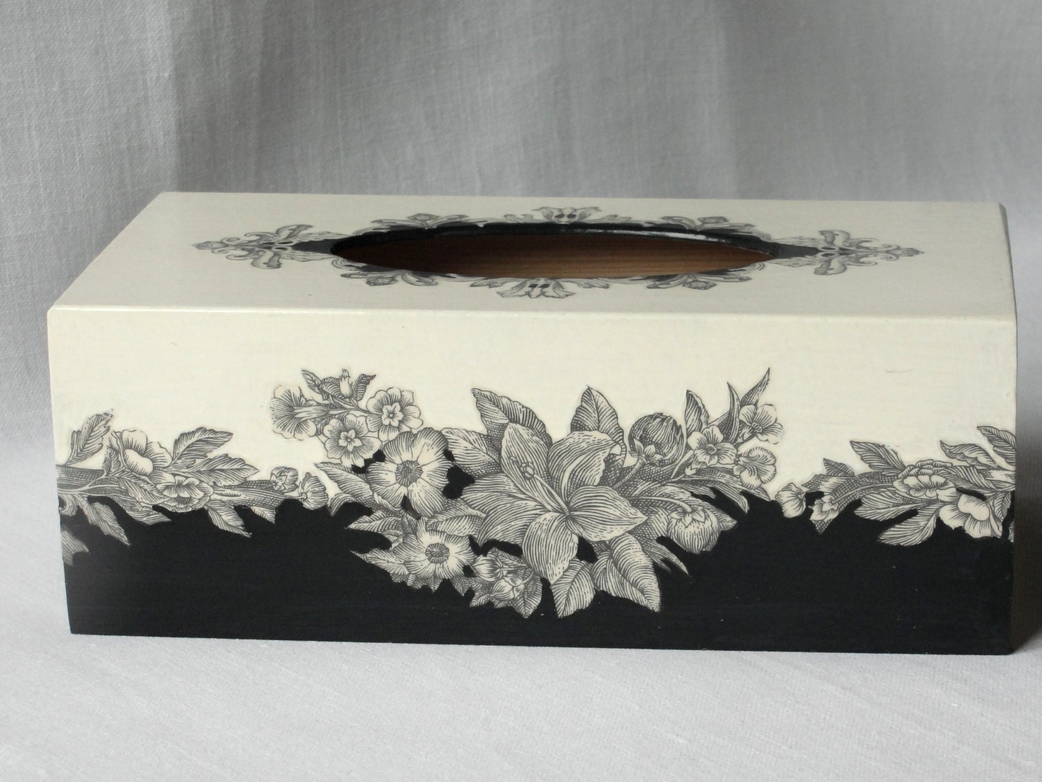Tissue Box Cover with floral motif. Decoupage in black and