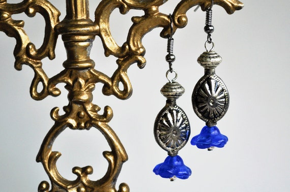 Blue glass flower dangle earrings