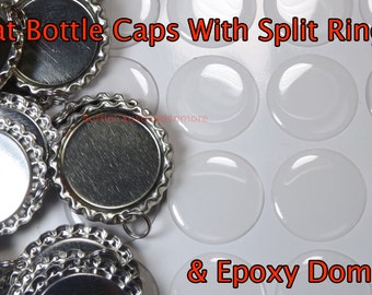 Bottle cap supplies -50 bottle cap pendants with split rings attached and 50 epoxy sticker domes - flat bottlecap pendant