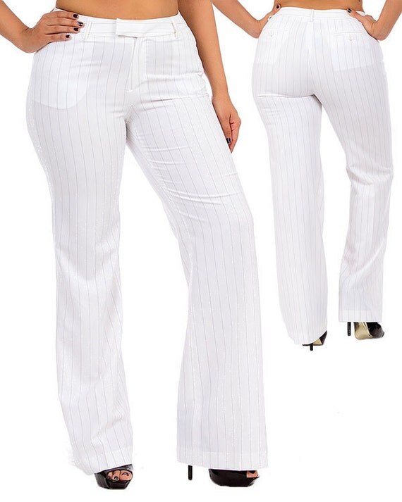Items similar to Plus Size white pinstripe dress pants w/black stripe ...