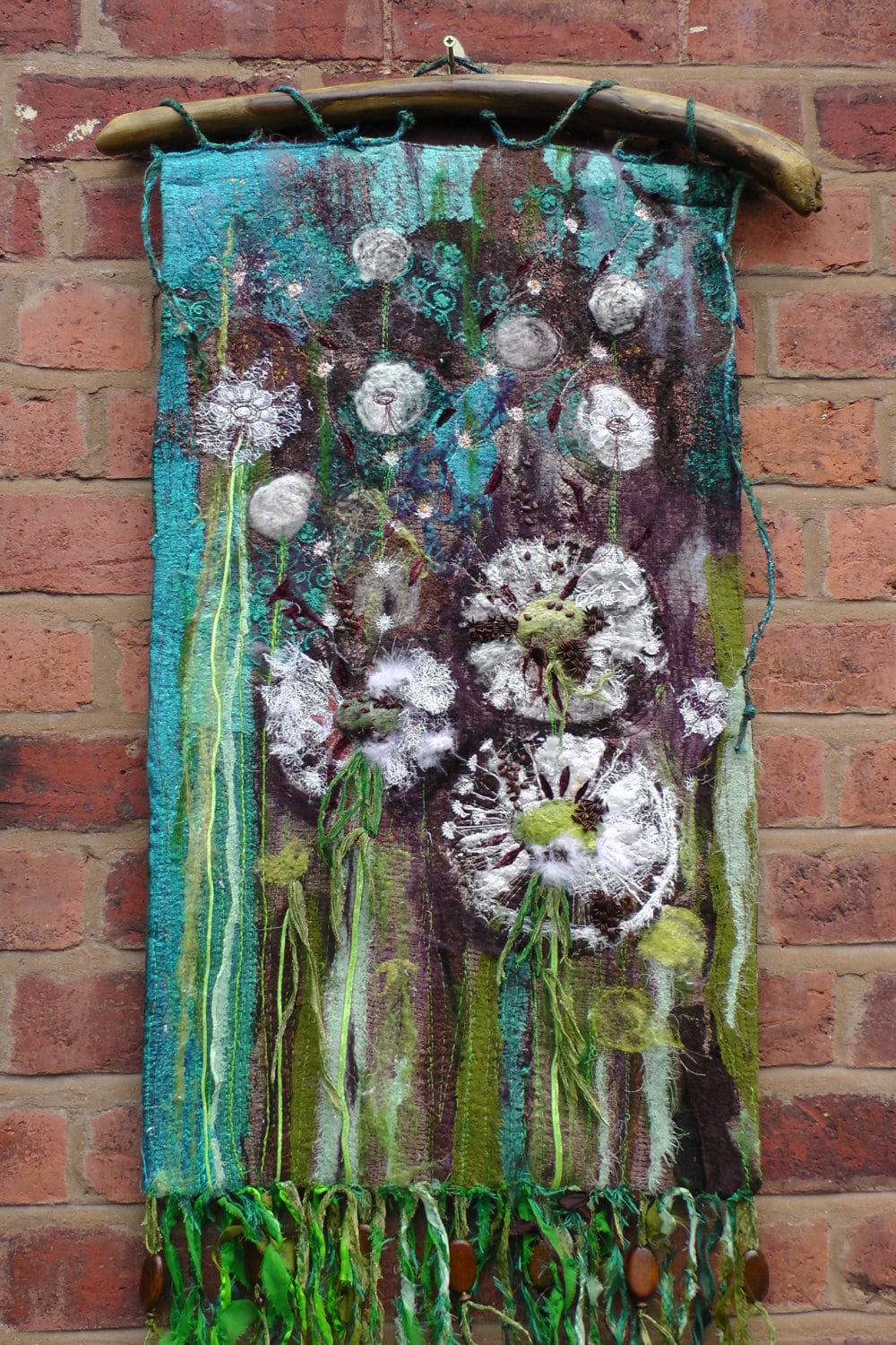 Dandelions. textile wall hanging. Fibre Art. Seeds. Turquoise.