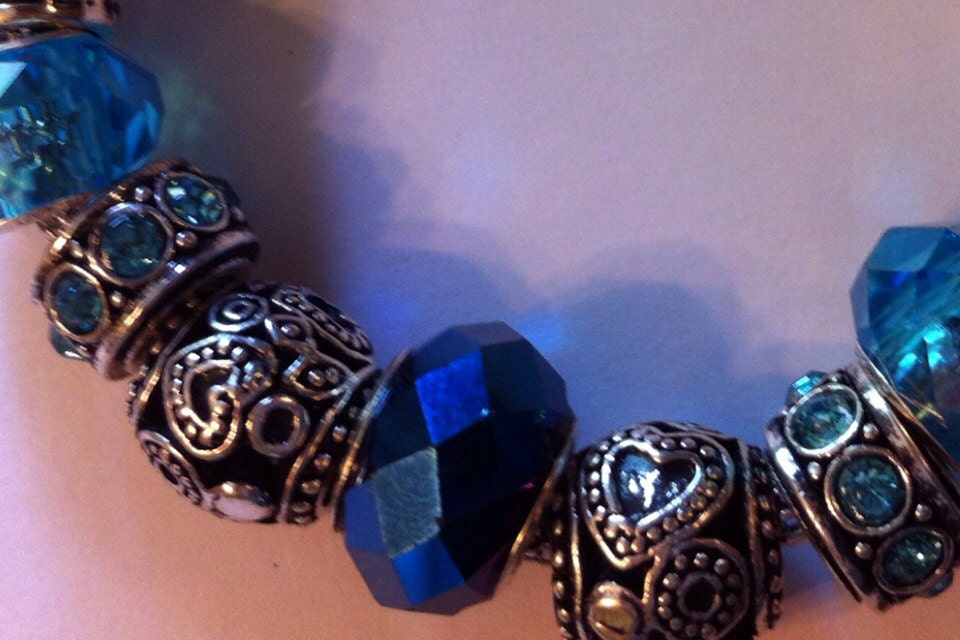 European Pandora style bracelet with blue glass beads