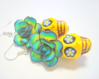 Yellow and Blue Day of the Dead Roses and Sugar Skull Earrings