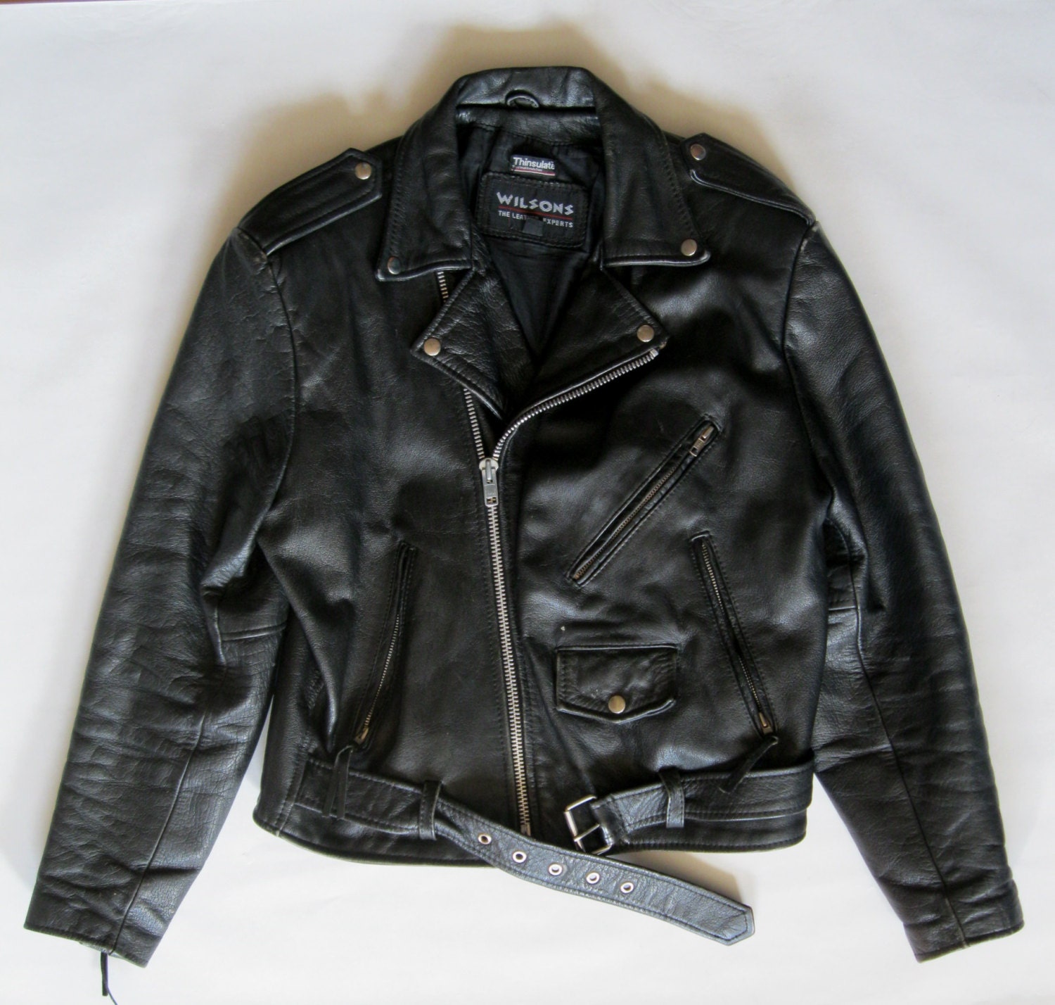 Black leather motorcycle jacket by Wilsons by afterglowvintage