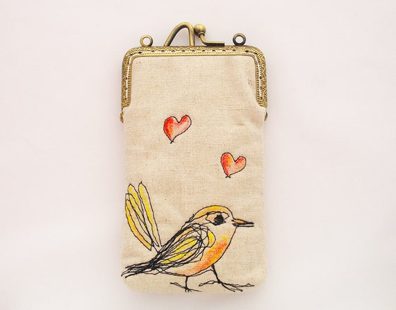 iPhone Case iPhone sleeve gadget case-- Free Motion Embroidery Heart bird ( iPhone 6, iPhone 6 Plus, Samsung Galaxy S5 etc. )