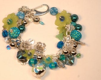 Blue and Green Charm Bracelet , Floral Charm Bracelet , Flower Cluster Bracelet