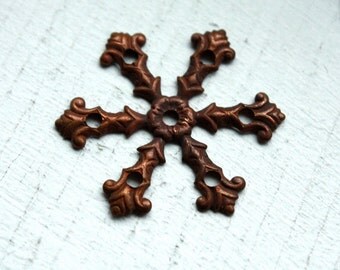3 Rare Vintage 1950s Antiqued Brass Stampings // Art Nouveau Snowflake