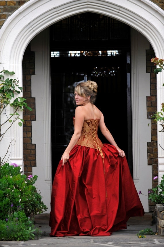 Branwyn, a Custom Made Medieval, Pre-Rapaelite Style Corset and Skirt in Silk and Damask by frockfollies steampunk buy now online