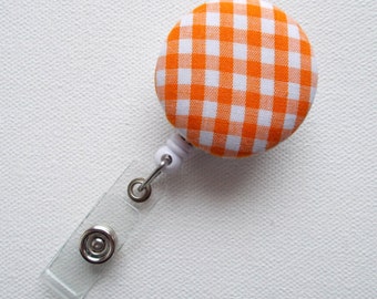 Retractable ID Badge Holder - ID Badge Reel - Name Badge Holder - Nurses Badge Holder - Nursing Badge Clip - Orange Gingham