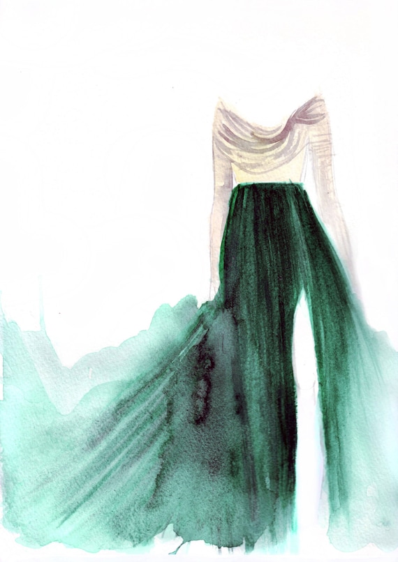 Watercolour illustration Titled The Girl in the Emerald Skirt